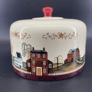 Vintage 8” Ceramic Dome Cake Cheese Plate Cover Country Farm Fence Willow Star